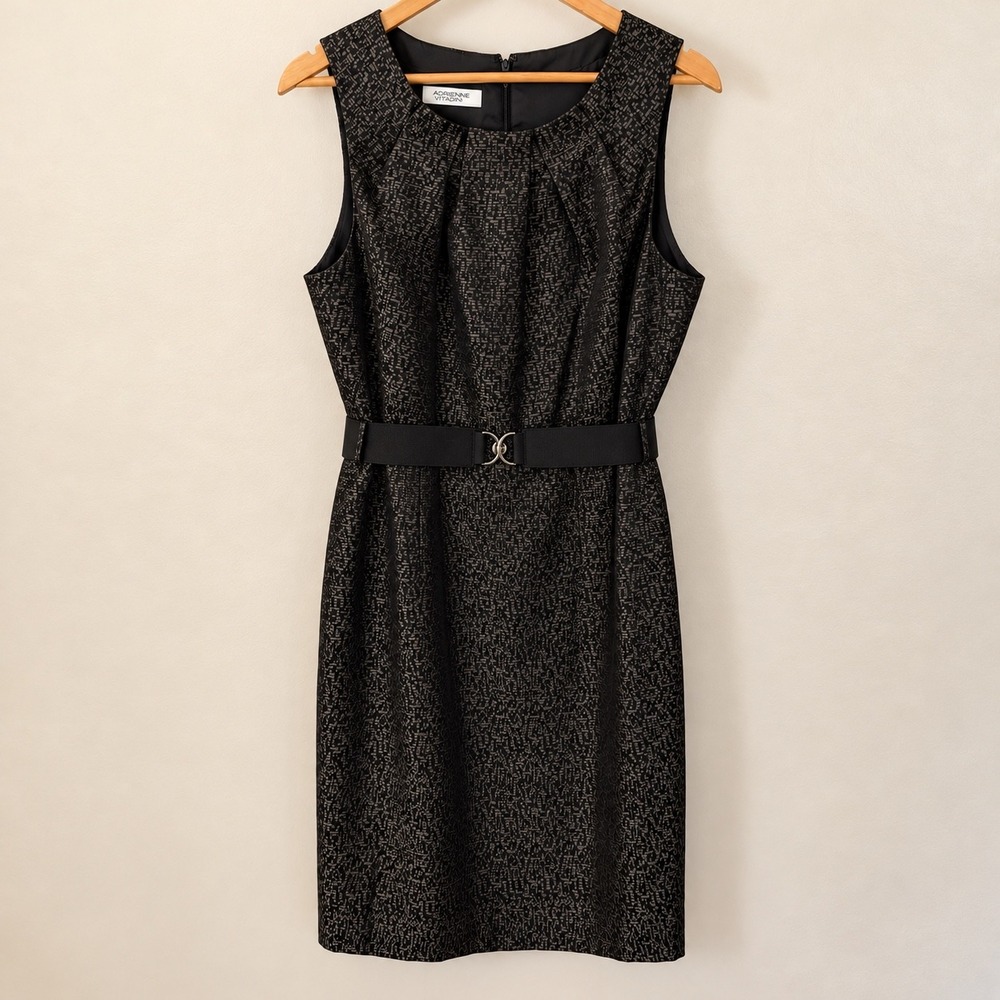 Evan-Picone Black Metallic Jacquard Belted Sheath Dress Size 14 Wedding Cocktail